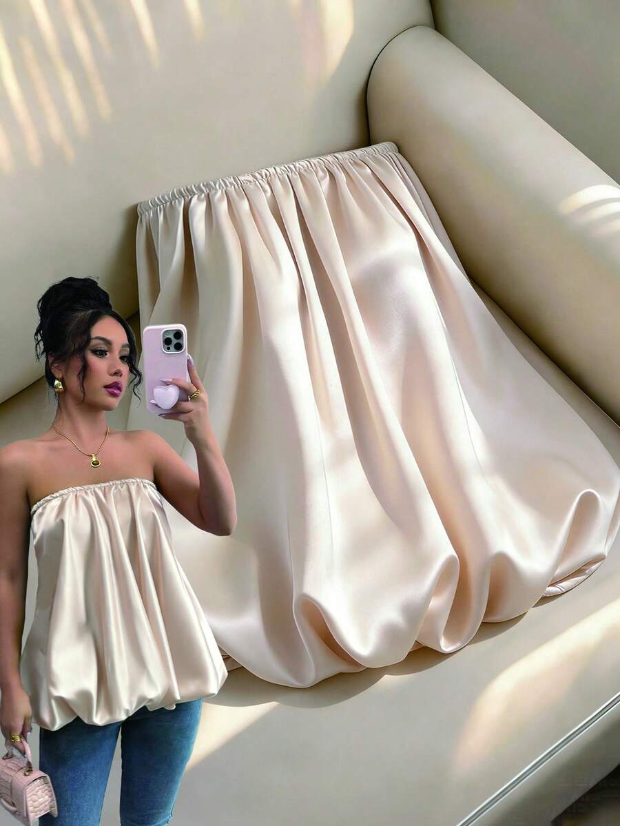 Franclia Women's Satin Bubble Tube Top, Spring/Summer - Apricot - View 1