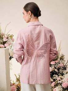Anewsta Blusa elegante de vacaciones con bordado de mariposa beige para mujer, primavera/verano - Rosa vieja - Ver 2