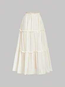 SHEIN MOD Petite Ruffle Skirt Boho Long Skirt Break Paperbag Waist Frill Trim Ruffle Hem Skirt - Apricot - View 5