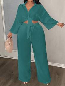 Slaydiva Bộ đồ mùa hè dành cho nữ cỡ lớn, kiểu dáng thường ngày, gợi cảm, tối giản, gồm áo tay lỡ thắt nơ và quần ống đứng. - Màu xanh lam - Xem 3