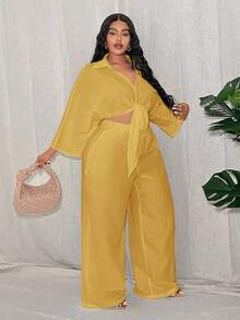 Slaydiva Bộ đồ mùa hè dành cho nữ cỡ lớn, kiểu dáng thường ngày, gợi cảm, tối giản, gồm áo tay lỡ thắt nơ và quần ống đứng. - Màu vàng - Xem 4