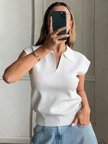 DAZY 女士纯色修身 Polo 领优雅正式春秋针织上衣 - 白色 - 查看 3
