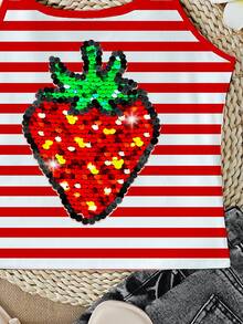 SHEIN Y2K Inspired Casual Retro American Red Striped & Strawberry Print Camisole Tank Top, Versatile Summer Outfit For Young Girls - Multicolor - View 6