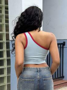 Alexandranx 女士字母印花饰边无袖修身休闲上衣外出上衣抹胸 - 藍色 - 查看 2