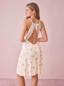 Bonmuse Tulip Print Lace Patchwork Sexy Backless Women's Jacquard Nightgown - Beige - View 2
