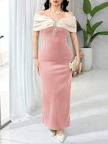 Feyla Women's Elegant Dress With Ruched Colorblock & Rhinestone Decor Off Shoulder - Pink - View 7