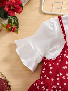 SHEIN Babygirl 可爱波尔卡圆点红色细肩带连衣裙和短袖 T 恤套装，夏季 - 紅白色 - 查看 5