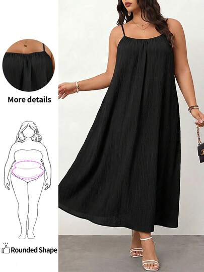 Enliva Curve Plus Size/Autumn Clothes /Fall Women Clothes/Winter Clothes For Women/Winter ClothesPlus Size Solid Pleated Detail Casual Cami Dress,Suitable For Birthday Party, Graduation Ceremony, Student Wear, Casual Daily, Vacation Curve Maxi Dress Curve Summer Dress Plus Size Maxi Dress Plus Size Sundress Curvy Maxi Sundress,Holiday Outfits For Women