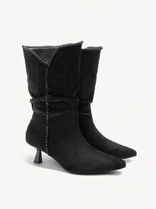 CUCCOO CHICEST Women's Pointed Toe Pleated Fashion Daily Wear Slim Heel Mid-Calf Boots Valentine's Day - Black - View 1