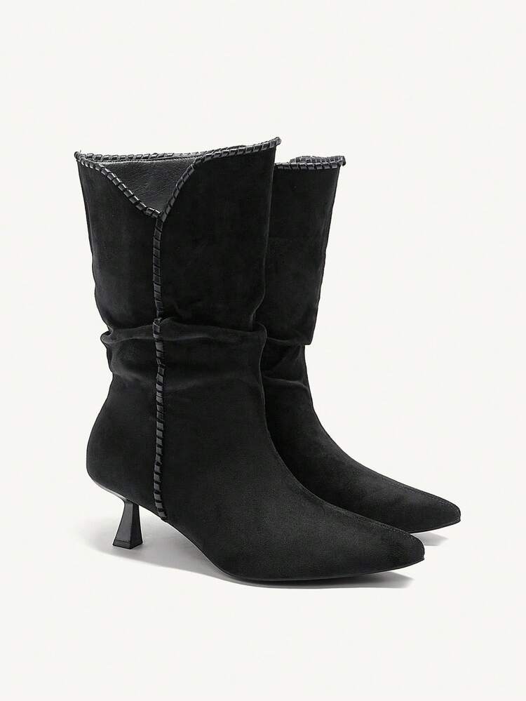 CUCCOO CHICEST Women's Pointed Toe Pleated Fashion Daily Wear Slim Heel Mid-Calf Boots Valentine's Day
