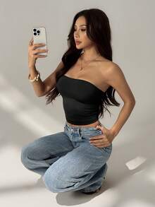 SHEIN PETITE Áo croptop quây xếp ly màu trơn dành cho nữ - màu đen - Xem 3