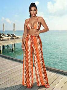 Slaydiva 早春新款，春夏音乐节，情人节，复活节，婚礼季，假日季，海滩度假，休闲，优雅，通勤，日常穿着，工作装，度假，派对，邮轮，派对，基础款，日常约会，比基尼上衣，吊带，露背短款背心+阔腿裤，超长裤，橙色波浪纹理面料套装，女士两件套 -G - 彩色 - 查看 10