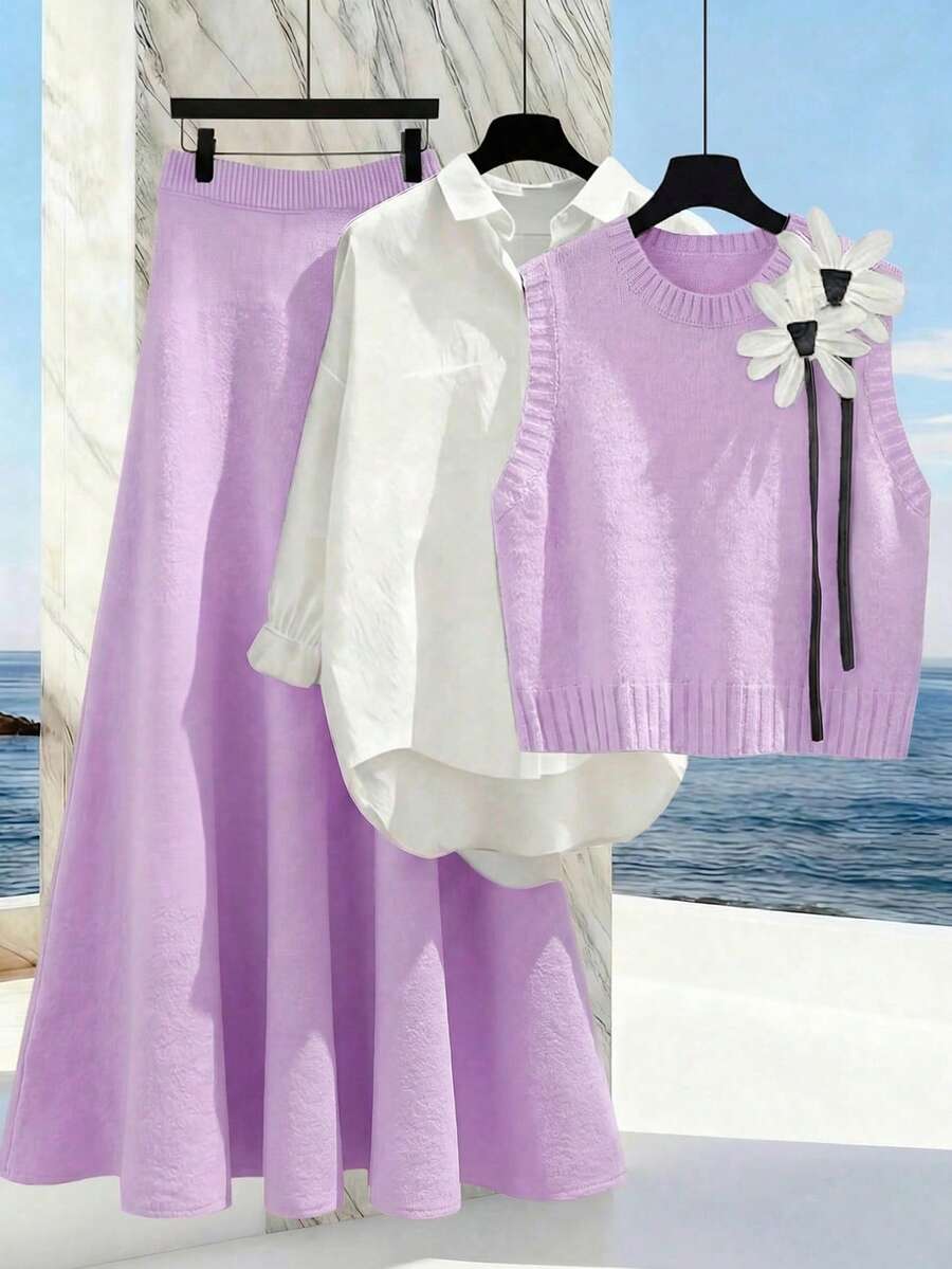 SHEIN LUNE 秋冬新款宽松碎花圆领无袖针织背心搭配碎花灰色A字针织中长裙,女士两件套毛衣套装 - 紫丁香色 - 查看 1