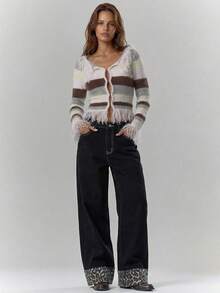 EURMUSE Quần jean ống rộng cạp cao họa tiết da báo Petite - màu đen - Xem 4