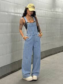 SHEIN Tall Women's Fashionable Casual Everyday Versatile Denim Bib Pants And Jumpsuit - Light Wash - View 5