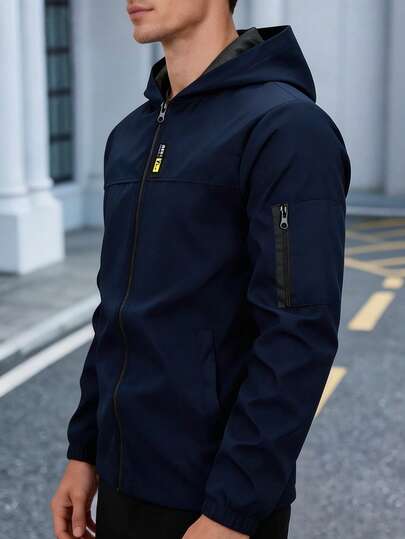 Manfinity Homme Men's Solid Color Hooded Zipper Pocket Casual Long Sleeve Jacket And Coat