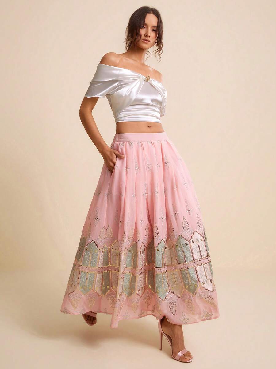 LOTSLUV Chân váy vải đính sequin màu tím dành cho nữ - Hồng - Xem 1