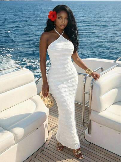 Slaydiva Đầm maxi nữ màu xanh dương ôm sát, cổ yếm, buộc dây, chất liệu dệt kim, kiểu dáng thanh lịch, thoải mái, thích hợp cho kỳ nghỉ hè. Phù hợp cho mặc hàng ngày, lễ hội âm nhạc, tiệc tùng, hòa nhạc, kỳ nghỉ, mùa cưới, du lịch, câu lạc bộ, trang phục sân bay, trang phục ăn sáng muộn, phong cách Boho, phương Tây, thanh lịch, mua sắm, trà chiều, hẹn hò.