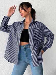 SHEIN Cottnline Striped Print Drop Shoulder Shirt - Navy Blue - View 3