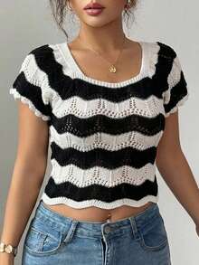 EURMUSE Women Crochet Knit Top With  Half Sleeve - Black and White - View 4