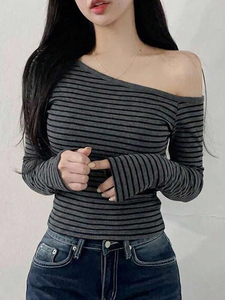 Sexy Asymmetric Single Shoulder Vintage Striped Slim Fit Long Sleeve T-Shirt, Women's Undershirt