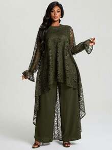 EMERY ROSE Plus Size Elegant Party Solid Color Lace Front Short Back Long Top And Pants 2 Piece Set Elegant Women's Set Summer Outfits Summer Clothes Spring Dress Spring Outfit Women Spring Clothing Elegant Women's Set Blouse And Pants Set Formal For Women  Party Wear Dresses For Women - Army Green - View 5