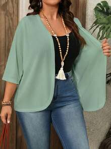 Áo khoác cardigan tay lửng màu trắng họa tiết jacquard dành cho nữ cỡ lớn, thích hợp mặc đi biển, đi nghỉ mát, trang phục mùa xuân và mùa hè cho nữ. - màu xanh lá - Xem 3