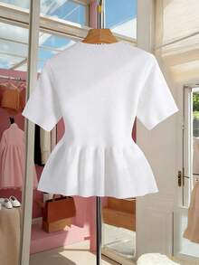 SHEIN Franclia 女士纯色圆领短袖单排扣休闲针织上衣 - 白色 - 查看 2
