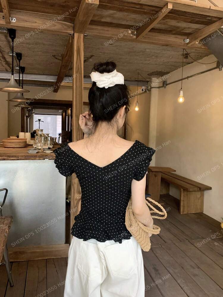 Women's Ruffled Polka Dot Korean Style Summer T-Shirt