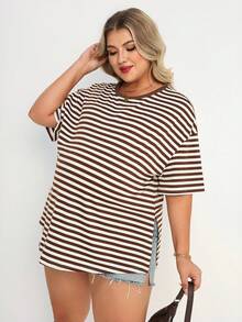 Plussiva Plus Size Pregnant Women Striped Round Neck Short Sleeve Casual Top - Brown - View 6