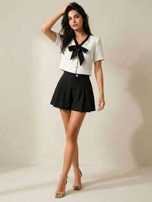 Chiquease 女士V领短袖毛衣，黑白撞色面料 - 黑與白 - 查看 3