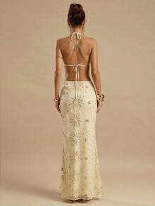 SHEIN BAE Đầm dài gợi cảm, thanh lịch, lãng mạn, quyến rũ, hở lưng, chất liệu lưới đính sequin dành cho nữ, thích hợp cho các buổi dạ tiệc, đám cưới, kỳ nghỉ, đi chơi đêm, hộp đêm, hẹn hò ăn tối, v.v. - Màu be - Xem 2