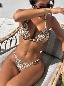 Swim SXY Women's Spring/Summer Leopard Print Random Beaded Necklace Bikini Set - Multicolor - View 1