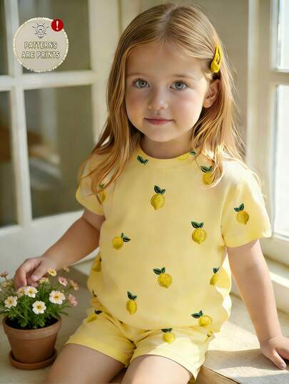2pcs/Set Baby Girl Vacation Style Cute Lemon Print Top And Lemon Print Shorts Set, Suitable For Outdoor Summer