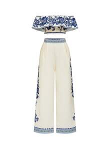 Louniche Bộ đồ nữ thường ngày phong cách nghỉ dưỡng, gồm áo trễ vai in hoa và quần ống rộng, thích hợp cho mùa xuân/hè. - Nhiều màu - Xem 10