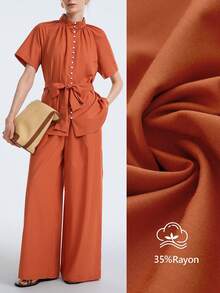 Aalyst 2 pezzi Set top a maniche corte con colletto arricciato e vita con laccio + pantaloni lunghi, adatto per appuntamenti, tè pomeridiano, laurea, pendolarismo - Arancione - Visualizzare 1