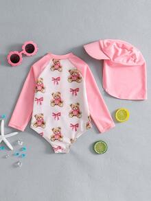 SHEIN Baby Girl Cartoon Bear Print Raglan Sleeve One-Piece Swimsuit With Swim Cap - Pink - View 2