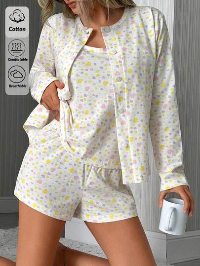 SHEIN Cotton Line Women Waffle Knit Cherry Patterned 3 Pcs Top&Shorts&Button Front Detail Shirt Homewear Comfort Cute Lounge Set