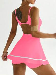 Dewbera Adjustable Strap Contrast Stripe Hem Tankini Dress With Shorts, Suitable For Spring & Summer - Hot Pink - View 2