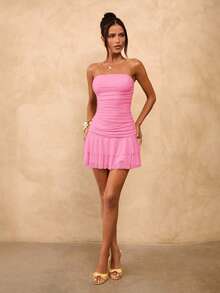 SHEIN BAE Vestido mini con volantes y ajustado de color amarillo crema sólido, vestido de verano lindo, vestido para brunch, vestido amarillo - Rosado Sandía - Ver 5