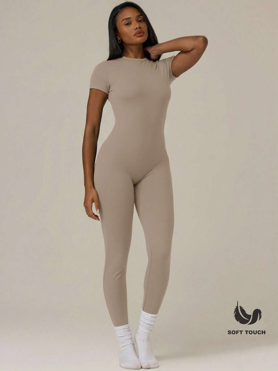 MUSERA ESSENTIALS Soft Touch Cap Sleeve Fitted Jumpsuit Catsuit Basic Cute Casual Summer Vacation Festival Concert Fall Autumn Everyday Spring Elegant - Brown - View 1