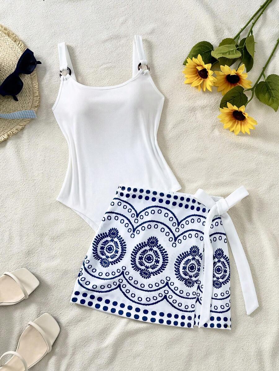 EMERY ROSE 女士两件套夏季度假套装：简约针织吊带连体衣搭配白色底藏蓝色碎花A字迷你裙，侧边系带，复古休闲风，轻盈复古风搭配。 - 彩色 - 查看 1