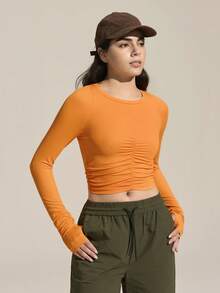 Exploreva Exploreva Women's Solid Color Round Neck Long Sleeve Pleated Slim Fit Outdoor T-Shirt,Orange Summer Athletic Sports Workout Activewear Tight Fitted Crop Top - Orange - View 4