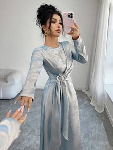 Elenzga 女士优雅休闲通勤度假下午茶派对纯色金属箔面料圆领交叉系带A字长袖连衣裙，春/秋/冬特殊场合晚礼服银色金属连衣裙女士正式连衣裙女士连衣裙优雅经典 - 淺藍色 - 查看 4