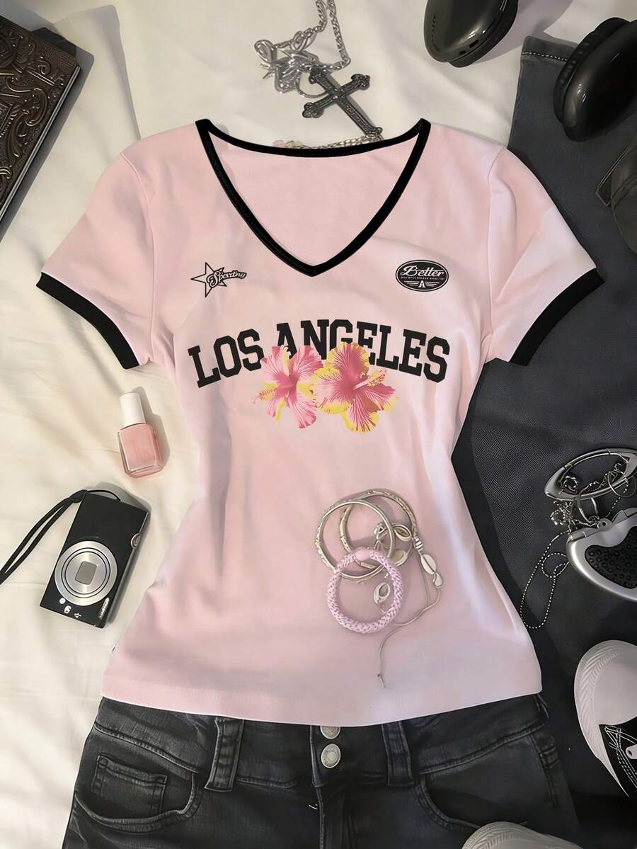 Glimmora Áo thun nữ tay ngắn cổ chữ V in họa tiết tối giản - Nhiều màu - Xem 1