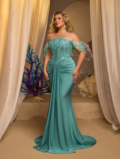 Glamrae Đầm dạ hội cỡ lớn sang trọng, thanh lịch màu xanh lá cây, thêu sequin, phối nhiều mảnh vải, chất liệu satin co giãn, cổ bất đối xứng, xếp ly, dáng đuôi cá, thích hợp cho tiệc tối, dạ hội, đám cưới, lễ hội âm nhạc, các dịp trang trọng (Thiết kế đính kết cầu kỳ).