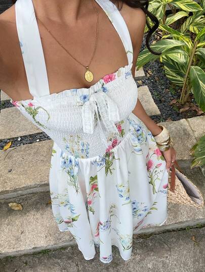 Sunnyshic Spring & Summer Ruched Floral Vacation Style Spaghetti Strap Bustier Dress, Botanical Print Lace Bow Tie Waist Slimming Dress