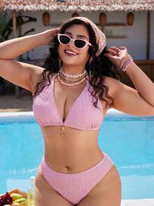 Swim Mod Top de bikini de talla grande para mujer de unicolor con decoración metálica y espalda descubierta - Rosa - Ver 5