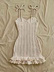 Soleia 女士度假蜜桃海星装饰双层荷叶边针织吊带裙，适合约会、下午茶、海滩、邮轮、城市等场合。 - 杏色 - 查看 2