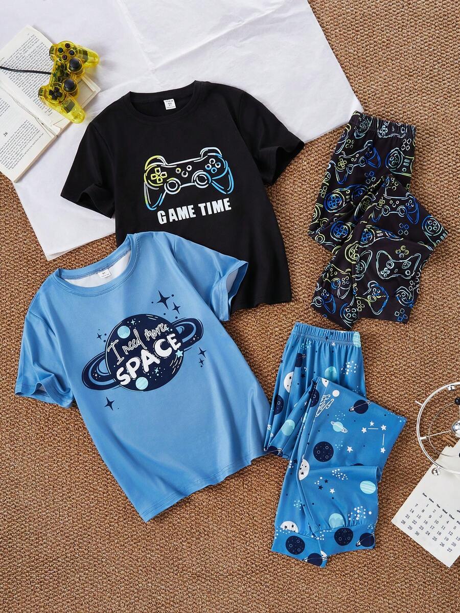 4pcs/Set Toddler Boys' Pajamas With Video Game & Space Planet Print, Short Sleeve Top And Long Pants Homewear - Multicolor - View 1